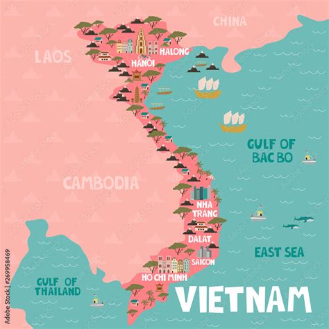 Illustrated map of Vietnam with cities and landmarks. Editable vector ...