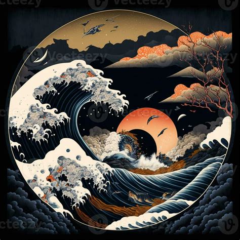 The great wave off kanagawa painting reproduction. Japanese style. Ukiyo-e style painting of the ...