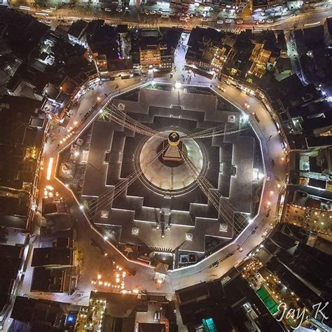 Boudhanath Stupa looks even better from the top at night . . By @bumbajay | Stupa, Aerial view ...