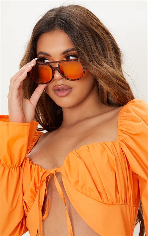 Orange Lens Tortoise Aviator Sunglasses | PrettyLittleThing USA