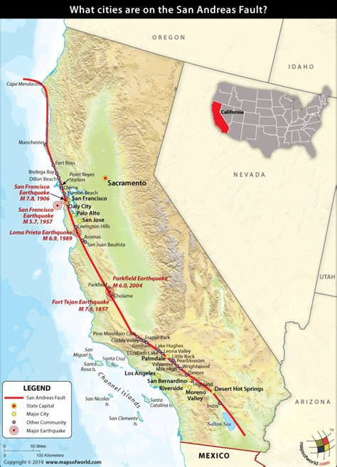 Map Showing Cities which are on the San Andreas Fault - Answers