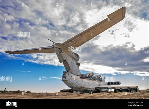 Lun-class ekranoplan (Caspian Sea Monster) at Arablyar village on shore ...