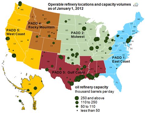 Location and capacity of operable oil refineries in the USA, 2012. [771 ...