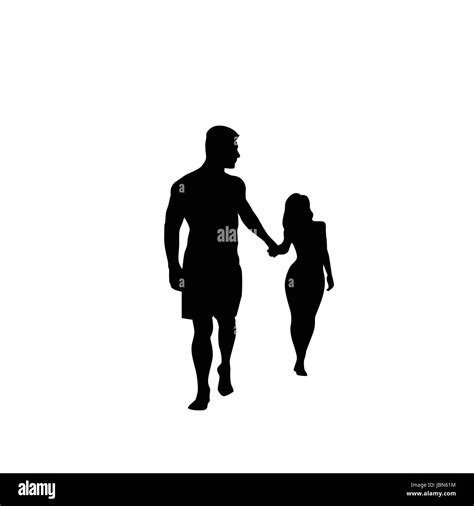 Black Silhouette Romantic Couple Holding Hands Full Length Isolated Over White Background Lovers ...