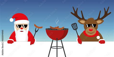 cute santa claus and reindeer with sunglasses at christmas bbq vector ...