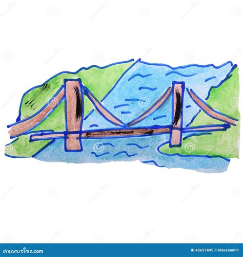 Watercolor Drawing Kids Cartoon Bridge on White Stock Illustration ...