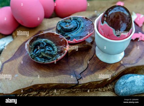 Asian Traditional Food, Pink Century eggs (Pidan Eggs) also known as ...