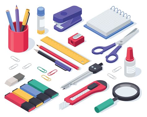 Isometric stationery. School supplies glue, notebook, material, pen, scissors, stapler, ruler ...