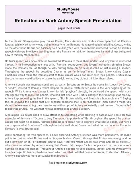 Reflection on Mark Antony Speech Presentation Free Essay Example