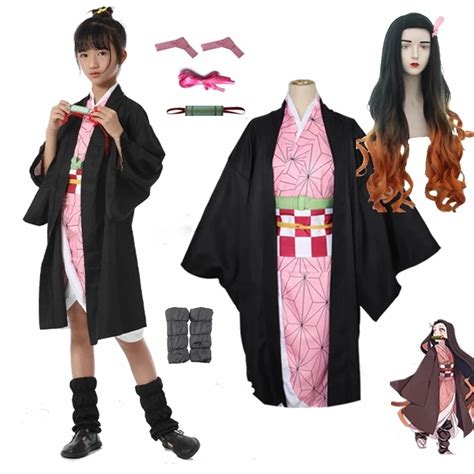 Kids Anime Demon Slayer Kimetsu no Yaiba Nezuko Cosplay Wigs Kimono Cosplay Costume | Shopee ...