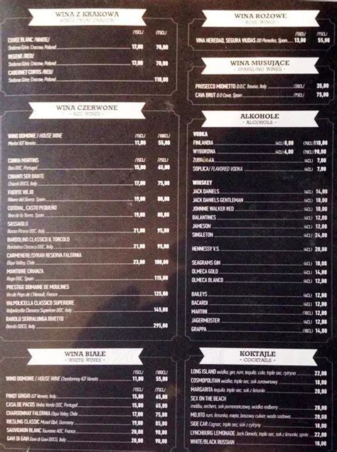 Menu at Moo Moo steakhouse, Kraków