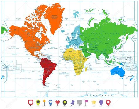 Mapa del mundo con continentes coloridos y punteros planos del mapa ...