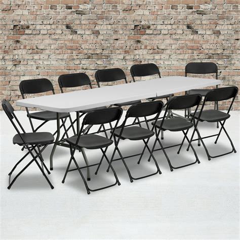 Flash Furniture 8' Bi-Fold Granite White Plastic Event/Training Folding Table Set with 10 ...