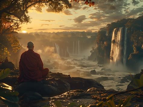 Premium Photo | Buddhist monk meditating near a waterfall and lake ...