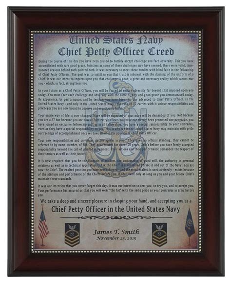 BETTER US Navy Chief Petty Officer CPO Creed Aged Parchment Framed PERSONALIZED (with Coin Option)