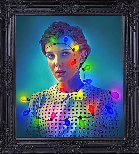a painting of a woman with colorful lights on her head and neck, in a black frame
