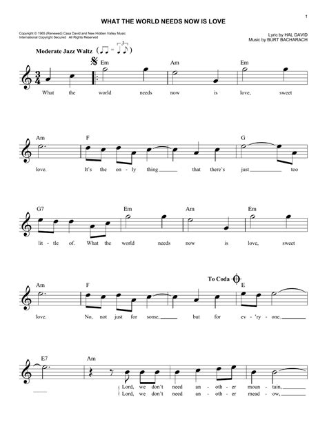 Burt Bacharach "What The World Needs Now Is Love" Sheet Music Notes ...