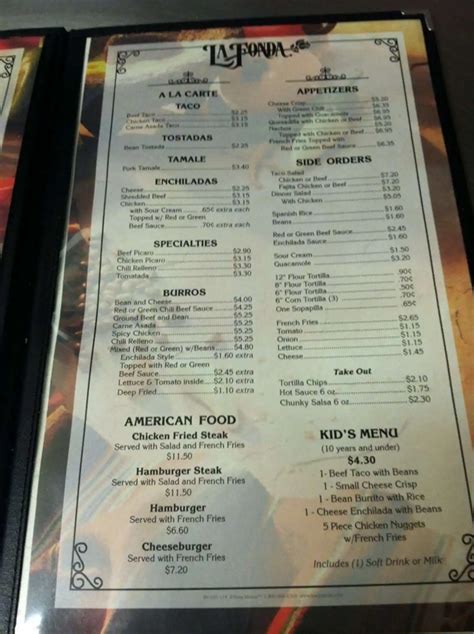 Menu at La Fonda Mexican Restaurant, Camp Verde