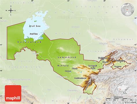 Physical Map of Uzbekistan, lighten, land only