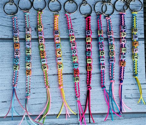 Customised name keychain in colorful satin cords & pastel acrylic alphabet beads | Plastic lace ...