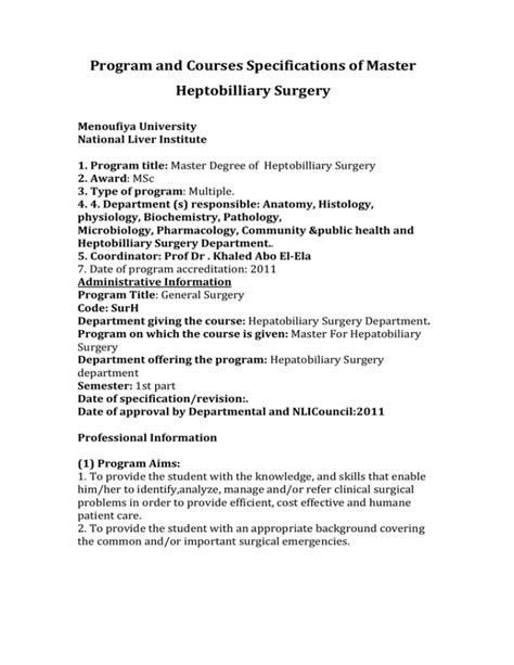 Program and Courses Specifications of Master Heptobilliary Surgery