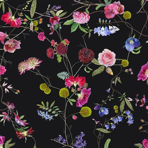 Botanical Chinoiserie Black and Colours Wallpaper 春の壁紙, シノワズリの壁紙, 高級壁紙 ...