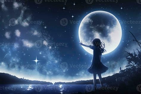 anime girl looking at the moon on starry night illustration 23913594 ...