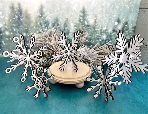 Wooden Snowflakes Set of Five 3D Laser Cut Free Standing - Etsy