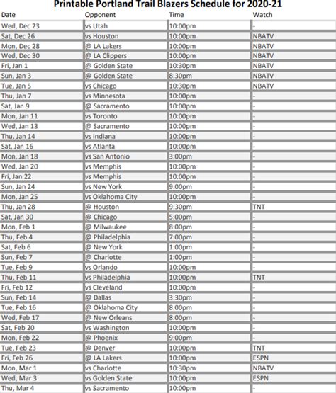 Blazers Schedule Printable - Printable Templates