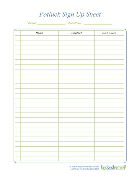 Free Printable Potluck Sign Up Sheet Template Word - Printable Form ...