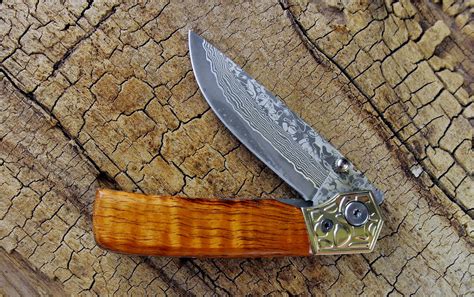 Pocket Knife with Wood Handle - Curly Koa - Wooden Handle with Damascus Blade - Wood Pocket Knife