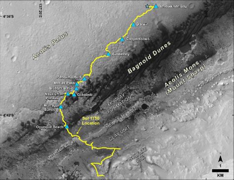 This map shows the route driven by NASA's Curiosity Mars rover, from... | Download Scientific ...