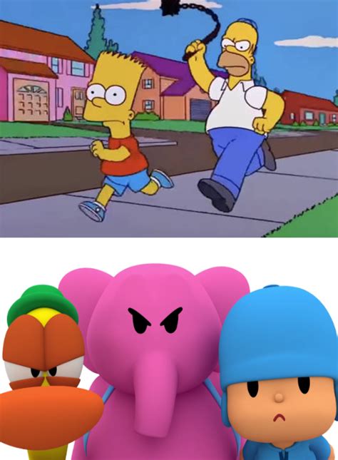 Pocoyo, Pato and Elly angry at Homer attack Bart by zmcdonald09 on DeviantArt