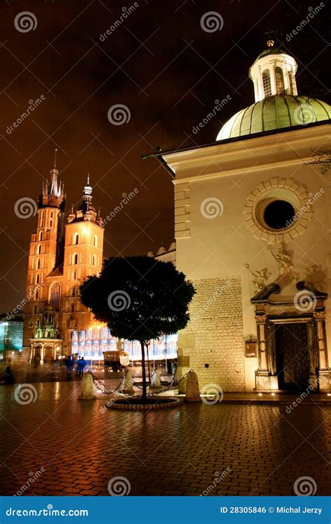 Magical Krakow Square by Night Editorial Photo - Image of catholic ...