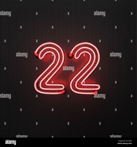 Glowing red neon number 22 (number twenty-two) on a perforated metal background. 3D illustration ...