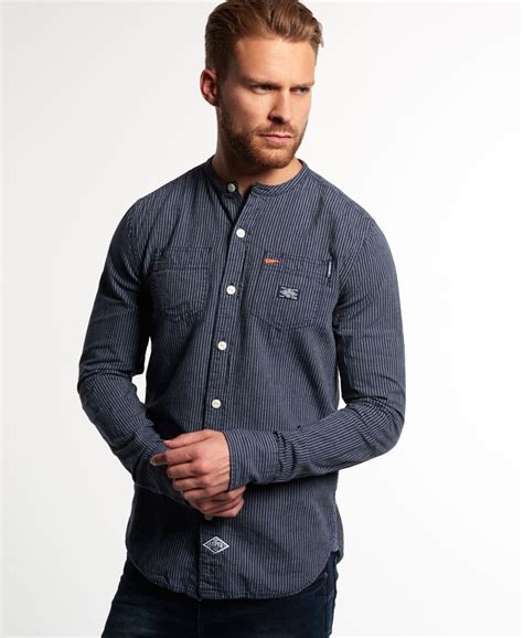 Men's - Steelmans Grandad Shirt in Twin Indigo Ticking | Superdry UK