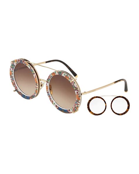 Dolce & Gabbana Round Clip-On Front Metal Sunglasses | Neiman Marcus