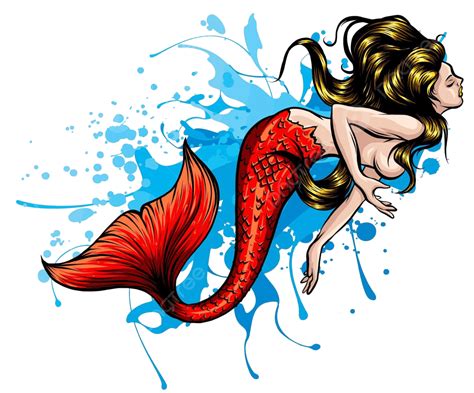A Handdrawn Vector Illustration Depicting A Mermaid With Flowing Hair ...