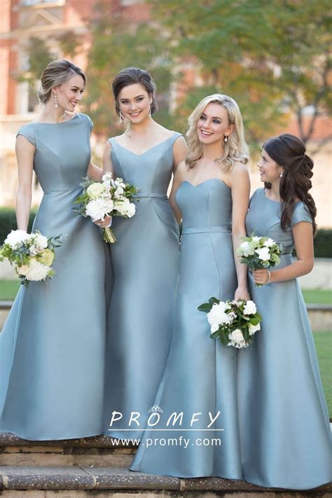 Dusty Blue Satin Mismatched Long Bridesmaid Dresses | Chic bridesmaid ...