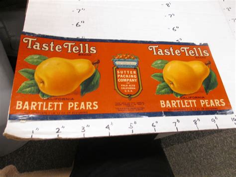 TASTE TELLS BARTLETT pears fruit 1930s metal tin can food paper label Sutter $24.99 - PicClick
