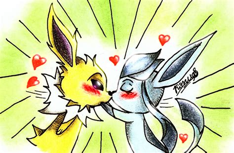 Glaceon kissing Jolteon by konus240998.deviantart.com on @deviantART Eevee Evolutions, Sylveon ...