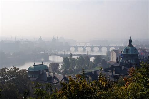 Foggy cityscape of Prague stock image. Image of night - 70959279