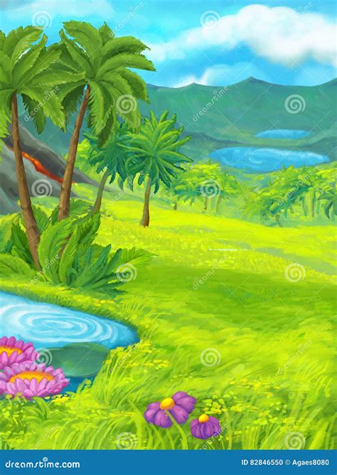 Cartoon Nature Scene with Pond Near the Jungle Stock Illustration ...