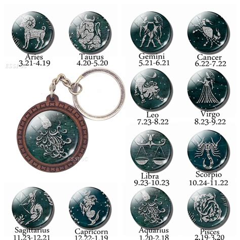 New Arrival Constellation Jewelry 12 Zodiac Signs Keychain Glass Cabochon Wooden Key Chain ...