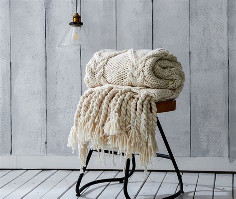 Thick Merino Wool Blanket Chunky Hand-woven Tassel Knitting Sofa Throw ...