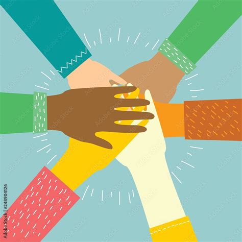 Vector cartoon illustration of hands putting together, showing unity ...