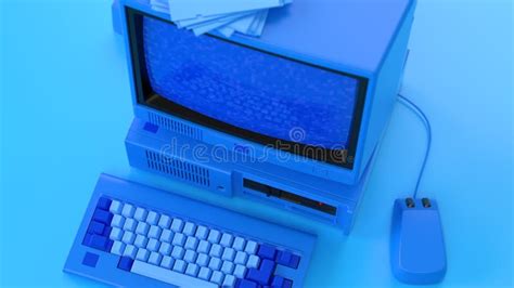 Old-fashioned Personal Computer in Retro 80s Style. Blue Laptop. 3d ...