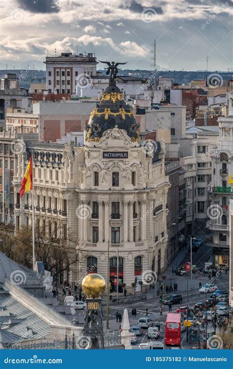 Madrid Skyline Sunset View, Metropolis, Banco De Espana Central Bank Buildings and Gran Via and ...