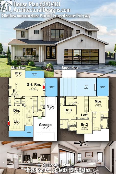 Plan 62804DJ: 3-Bed New American House Plan with Exposed Beamed ...