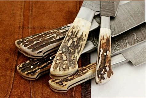 Stag Horn Handle Knife Set in Damascus Steel with Leather Bag